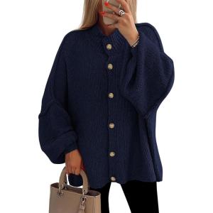 PRETTYGARDEN Women’s Winter Button Down Cardigan Sweaters Mock Neck Lantern Long Sleeve Chunky Knit Jacket Trendy Outerwear(Navy)