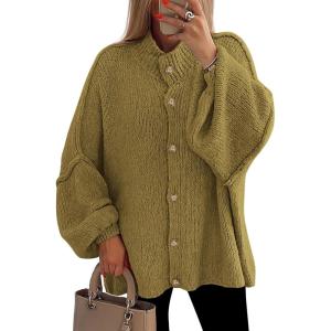 PRETTYGARDEN Women’s Winter Button Down Cardigan Sweaters Mock Neck Lantern Long Sleeve Chunky Knit Jacket Trendy Outerwear(Olive Green)