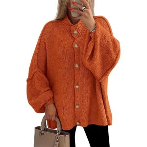 PRETTYGARDEN Women’s Winter Button Down Cardigan Sweaters Mock Neck Lantern Long Sleeve Chunky Knit Jacket Trendy Outerwear(Orange)