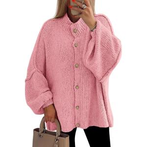 PRETTYGARDEN Women’s Winter Button Down Cardigan Sweaters Mock Neck Lantern Long Sleeve Chunky Knit Jacket Trendy Outerwear(Pink)