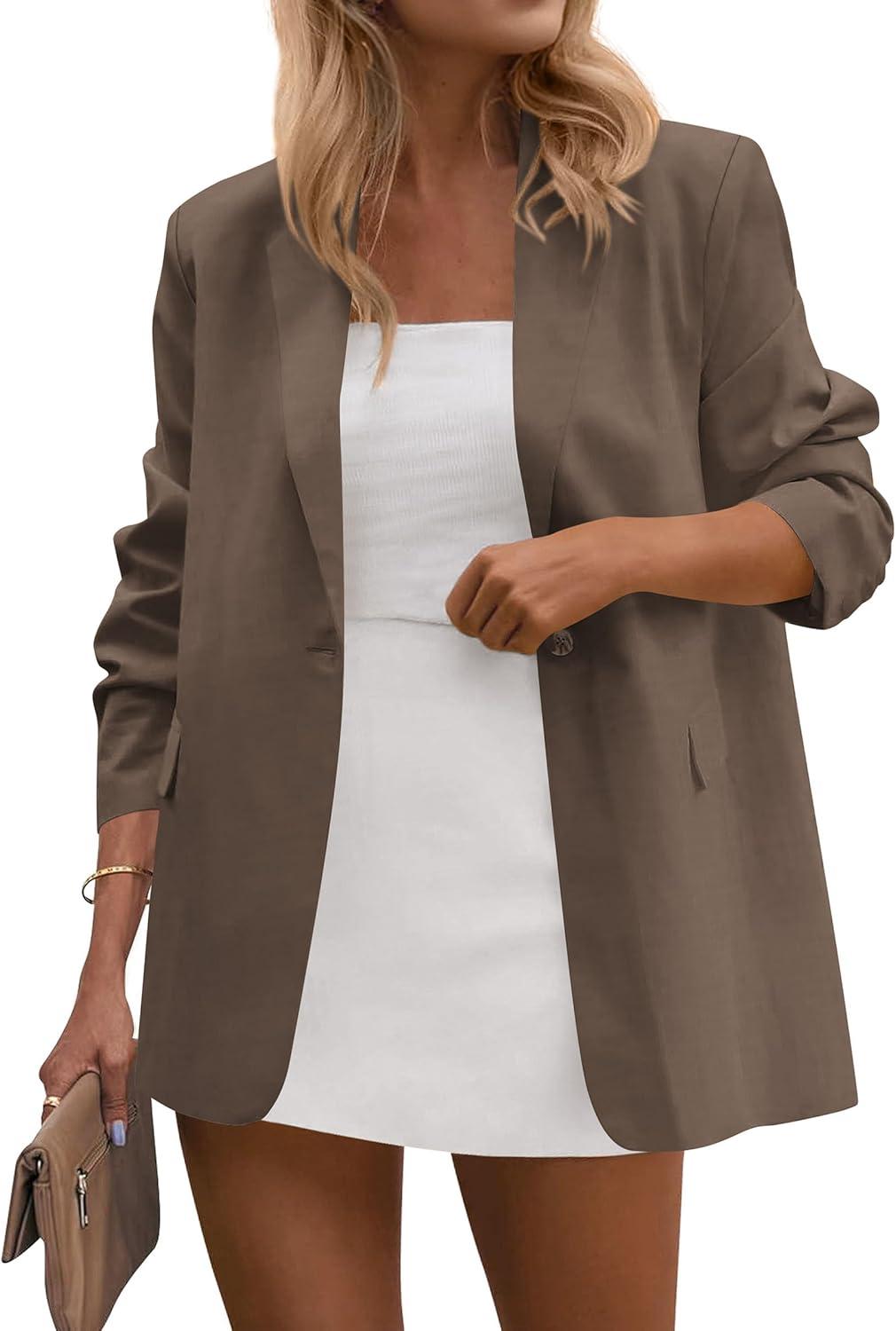 imagePRETTYGARDEN Blazers for Women Business Casual Outfits 2025 Fall Fashion Open Front Long Sleeve Suit Jackets Work BlazerDark Khaki