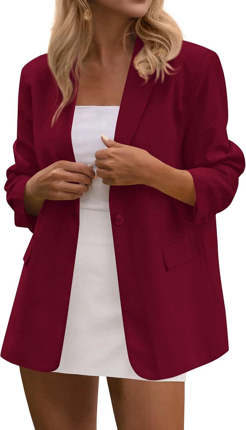 imagePRETTYGARDEN Blazers for Women Business Casual Outfits 2025 Fall Fashion Open Front Long Sleeve Suit Jackets Work BlazerWine Red