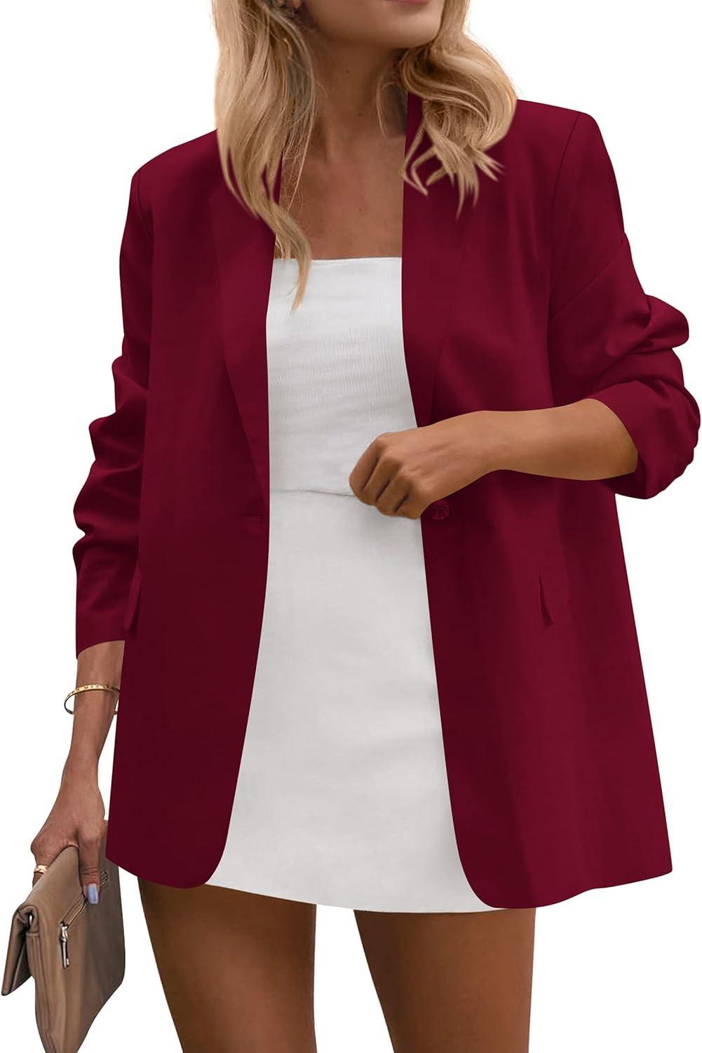 imagePRETTYGARDEN Blazers for Women Business Casual Outfits 2025 Fall Fashion Open Front Long Sleeve Suit Jackets Work BlazerWine Red