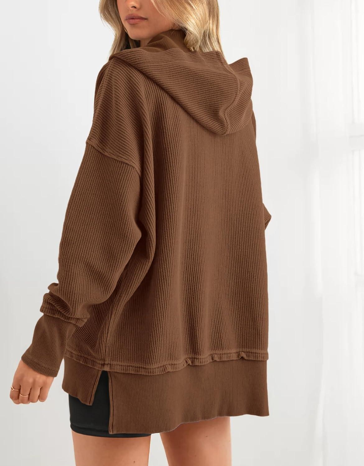 imagePRETTYGARDEN Button Up Hoodie for Women 2025 Fall Shirts Long Sleeve Oversized Sweatshirt Loose Fit Casual Pullover TopsBrownLarge