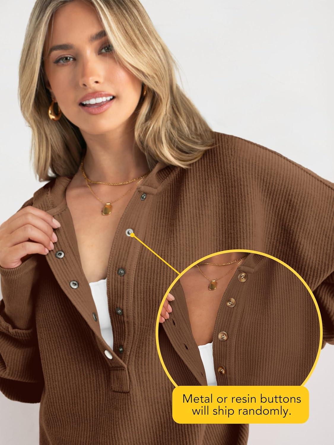imagePRETTYGARDEN Button Up Hoodie for Women 2025 Fall Shirts Long Sleeve Oversized Sweatshirt Loose Fit Casual Pullover TopsBrownLarge