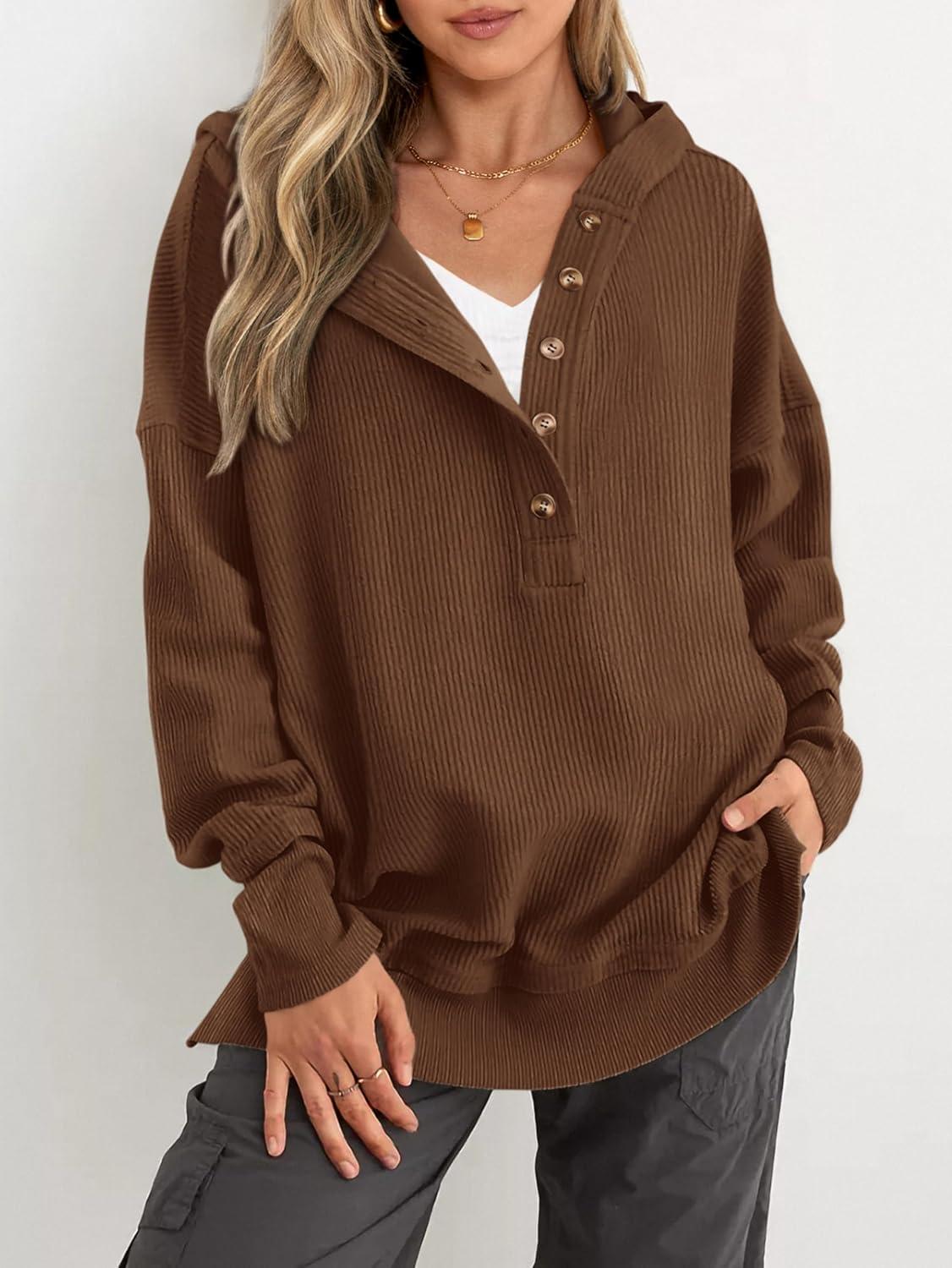 imagePRETTYGARDEN Button Up Hoodie for Women 2025 Fall Shirts Long Sleeve Oversized Sweatshirt Loose Fit Casual Pullover TopsBrownLarge