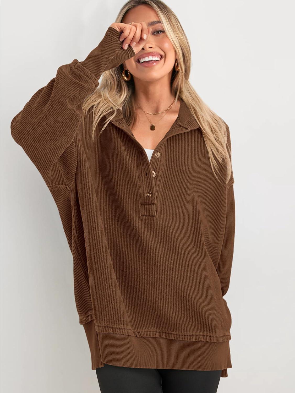 imagePRETTYGARDEN Button Up Hoodie for Women 2025 Fall Shirts Long Sleeve Oversized Sweatshirt Loose Fit Casual Pullover TopsBrownLarge