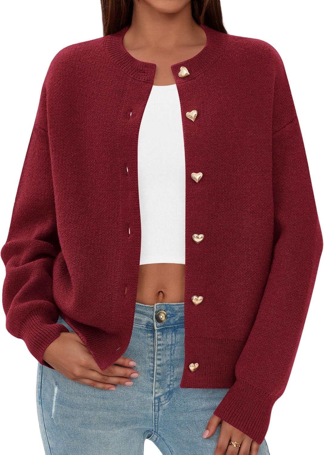 imagePRETTYGARDEN Cardigan for Women 2025 Fall Fashion Long Sleeve Trendy Button Down Work Office Sweaters Cute Winter JacketBurgundy
