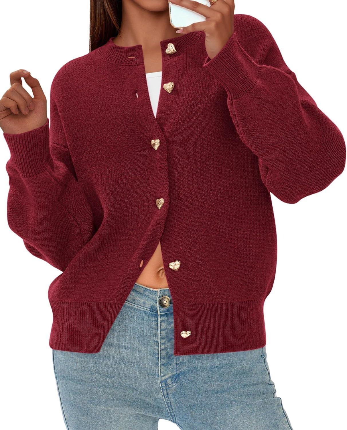 imagePRETTYGARDEN Cardigan for Women 2025 Fall Fashion Long Sleeve Trendy Button Down Work Office Sweaters Cute Winter JacketBurgundy