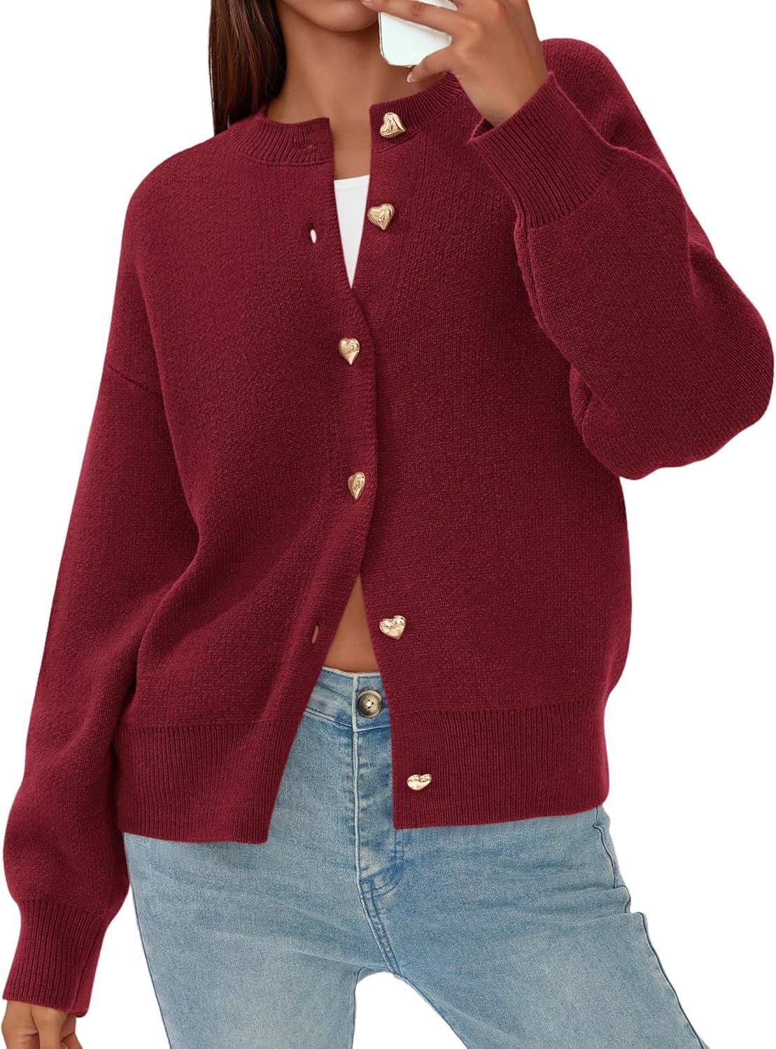 imagePRETTYGARDEN Cardigan for Women 2025 Fall Fashion Long Sleeve Trendy Button Down Work Office Sweaters Cute Winter JacketBurgundy