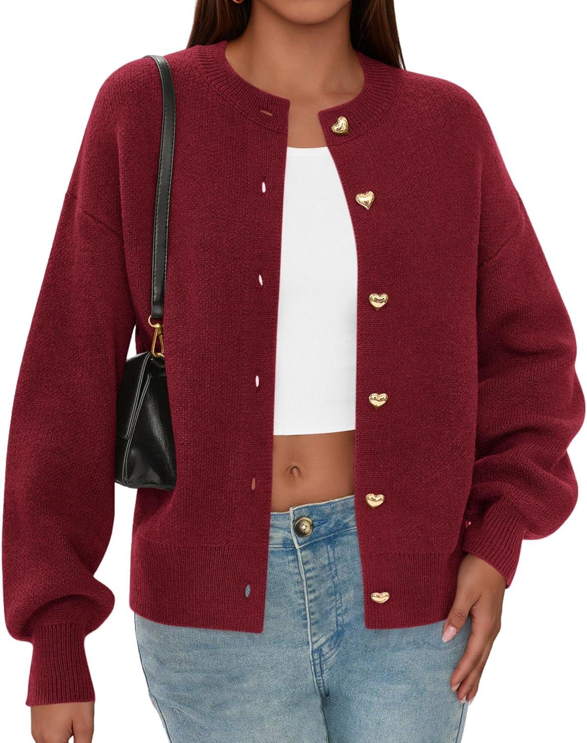 imagePRETTYGARDEN Cardigan for Women 2025 Fall Fashion Long Sleeve Trendy Button Down Work Office Sweaters Cute Winter JacketBurgundy