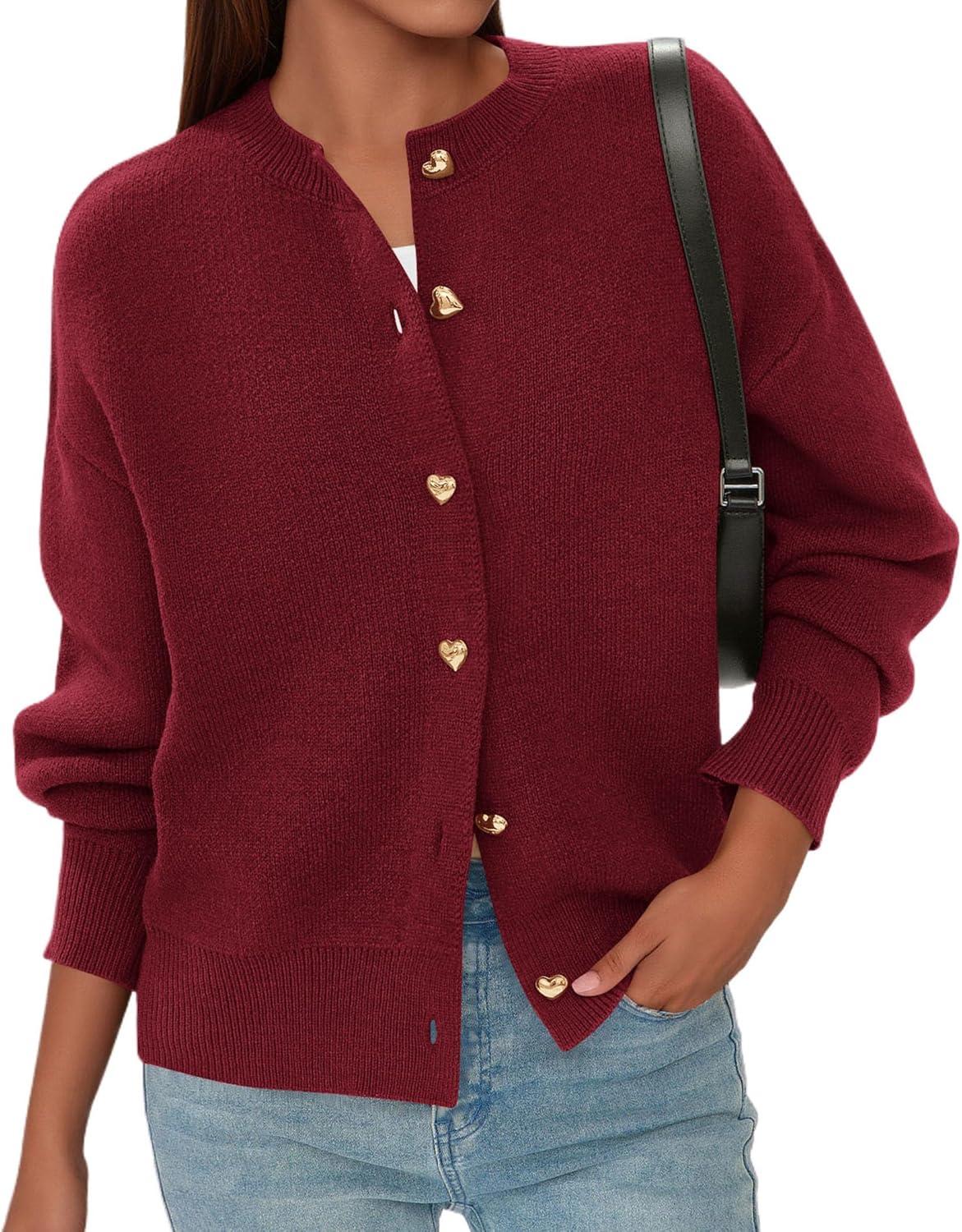 imagePRETTYGARDEN Cardigan for Women 2025 Fall Fashion Long Sleeve Trendy Button Down Work Office Sweaters Cute Winter JacketBurgundy