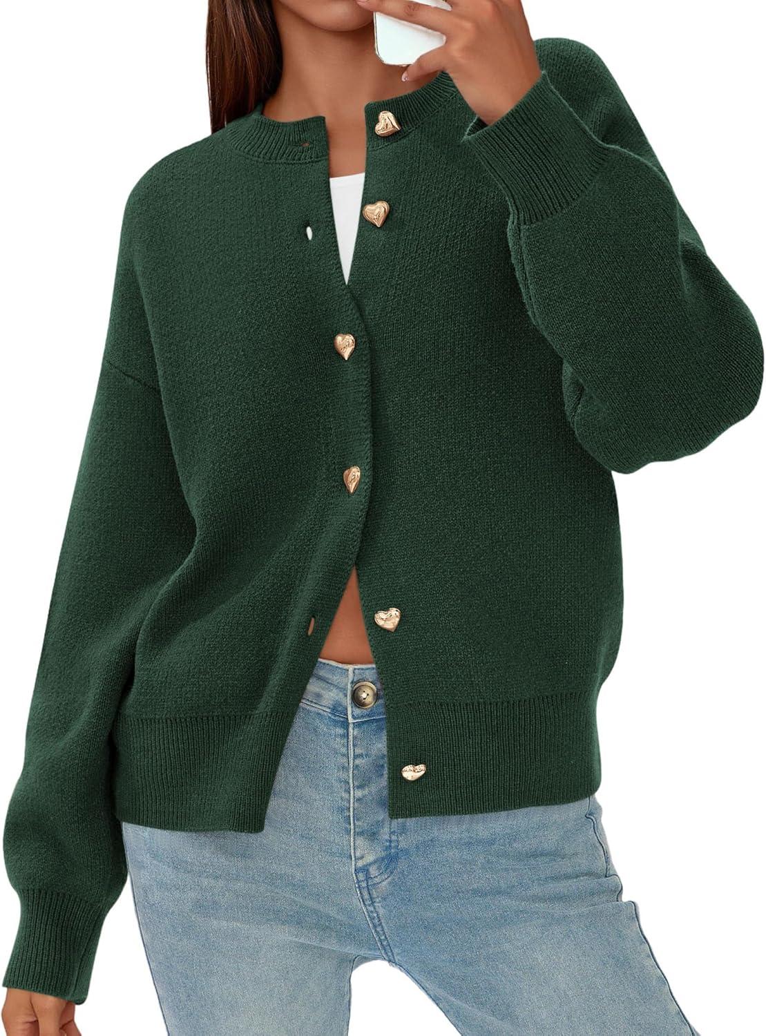 imagePRETTYGARDEN Cardigan for Women 2025 Fall Fashion Long Sleeve Trendy Button Down Work Office Sweaters Cute Winter JacketDark Green