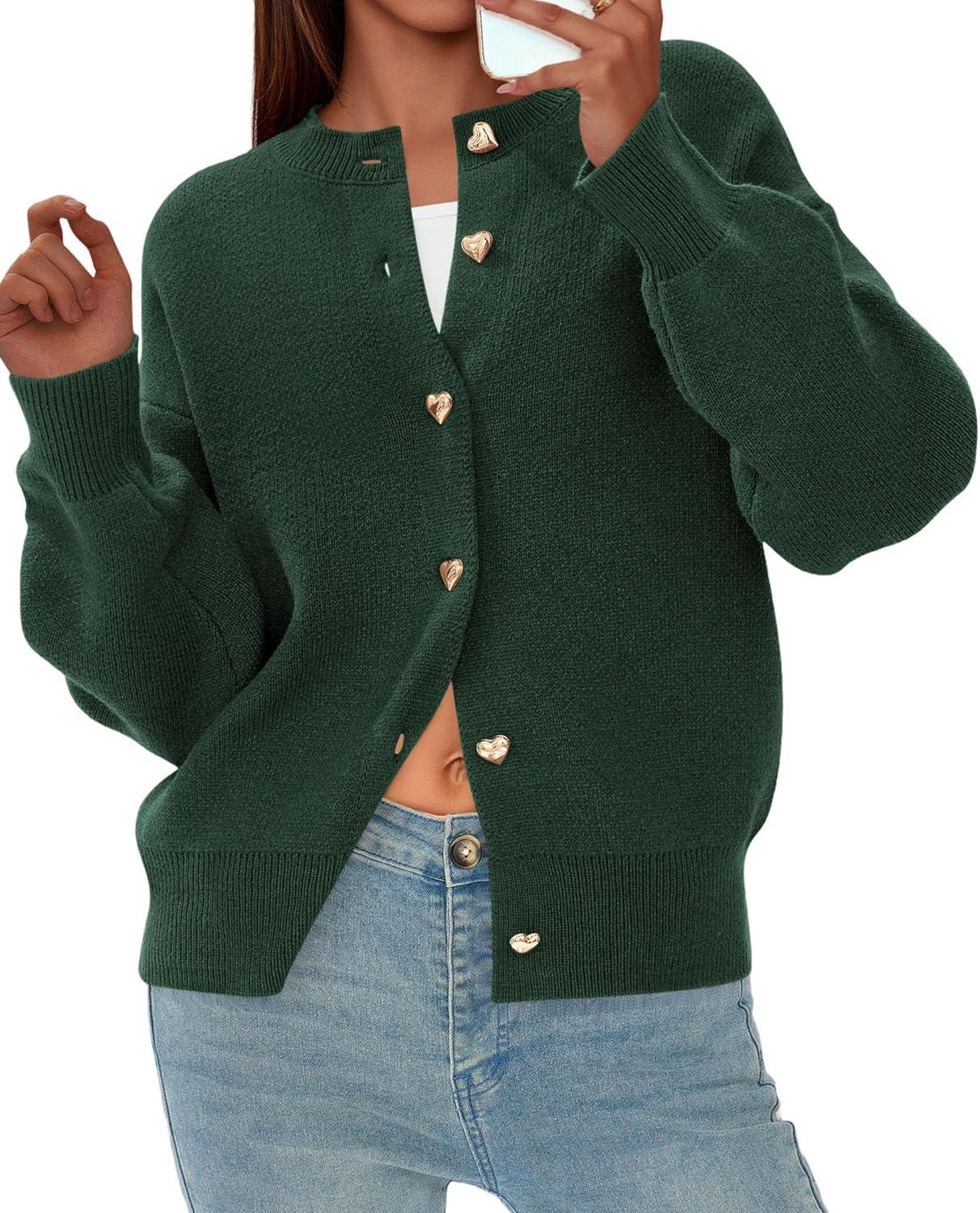 imagePRETTYGARDEN Cardigan for Women 2025 Fall Fashion Long Sleeve Trendy Button Down Work Office Sweaters Cute Winter JacketDark Green