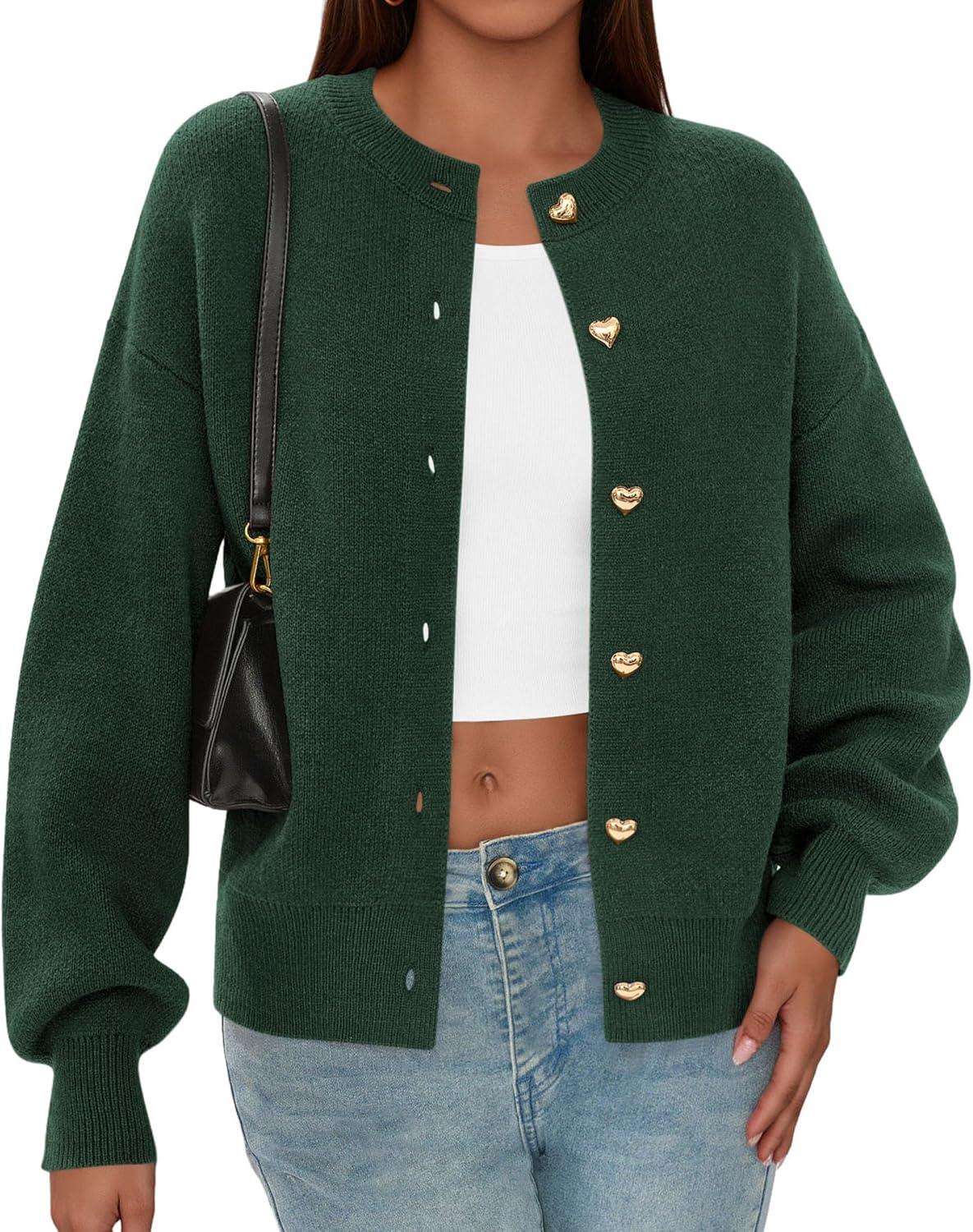 imagePRETTYGARDEN Cardigan for Women 2025 Fall Fashion Long Sleeve Trendy Button Down Work Office Sweaters Cute Winter JacketDark Green