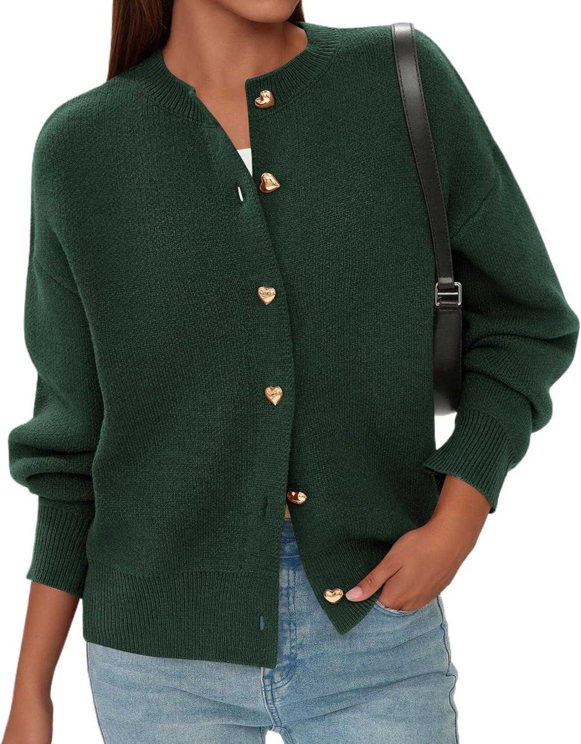 imagePRETTYGARDEN Cardigan for Women 2025 Fall Fashion Long Sleeve Trendy Button Down Work Office Sweaters Cute Winter JacketDark Green