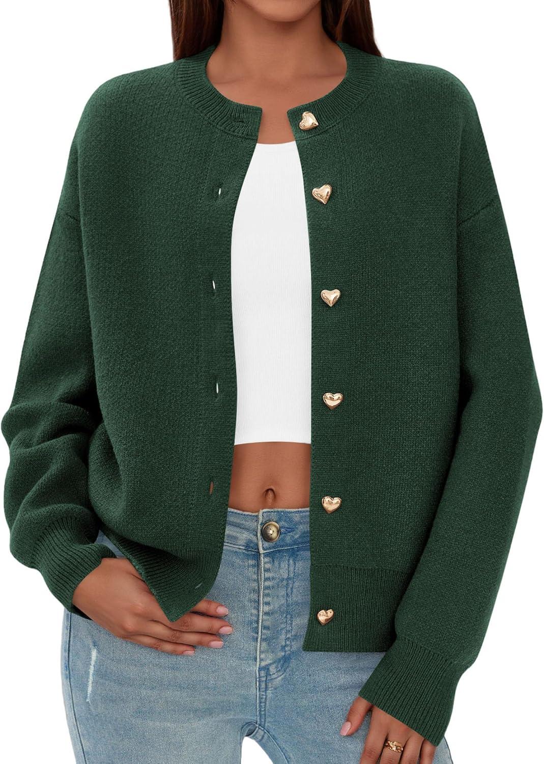 imagePRETTYGARDEN Cardigan for Women 2025 Fall Fashion Long Sleeve Trendy Button Down Work Office Sweaters Cute Winter JacketDark Green