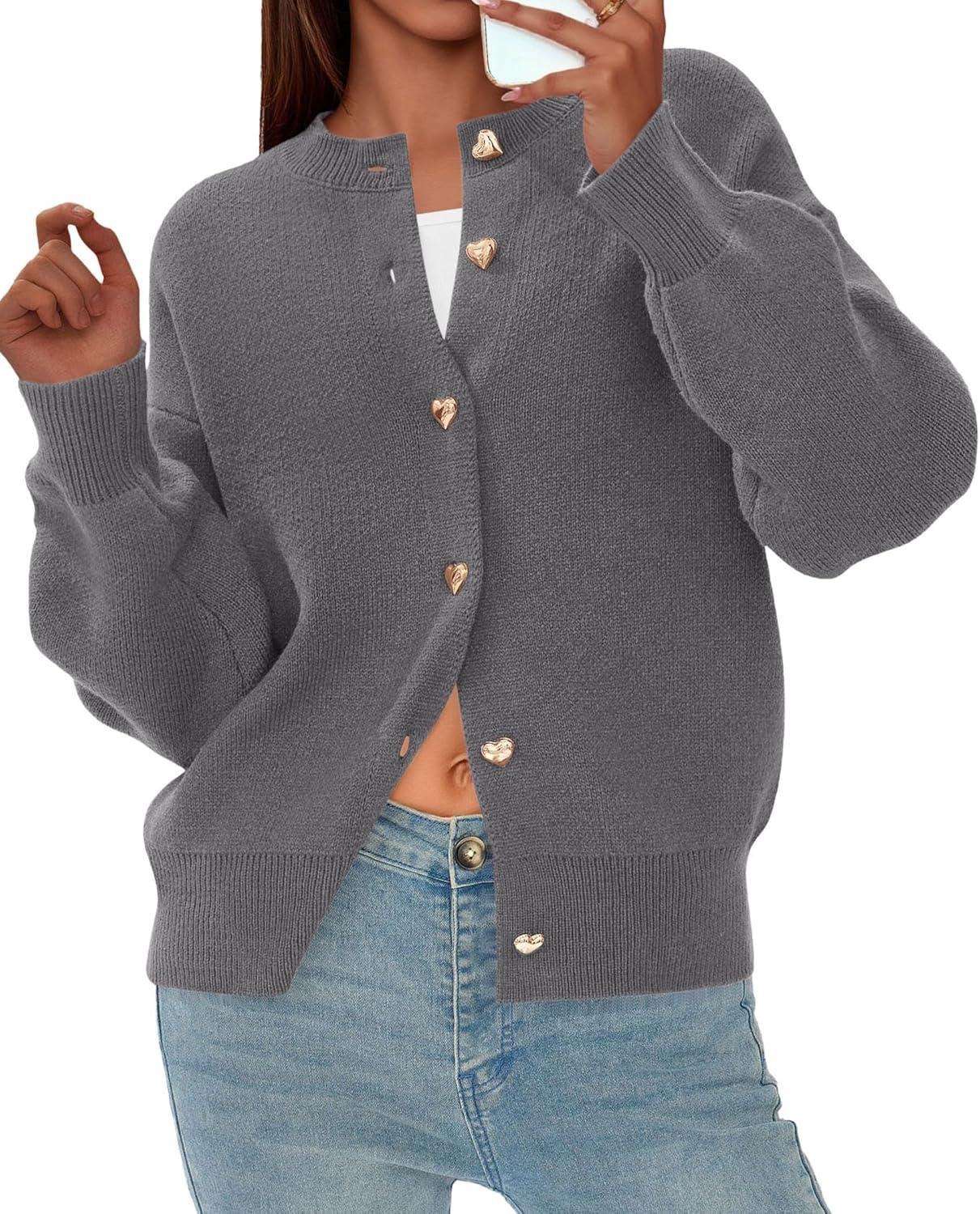 imagePRETTYGARDEN Cardigan for Women 2025 Fall Fashion Long Sleeve Trendy Button Down Work Office Sweaters Cute Winter JacketGrey