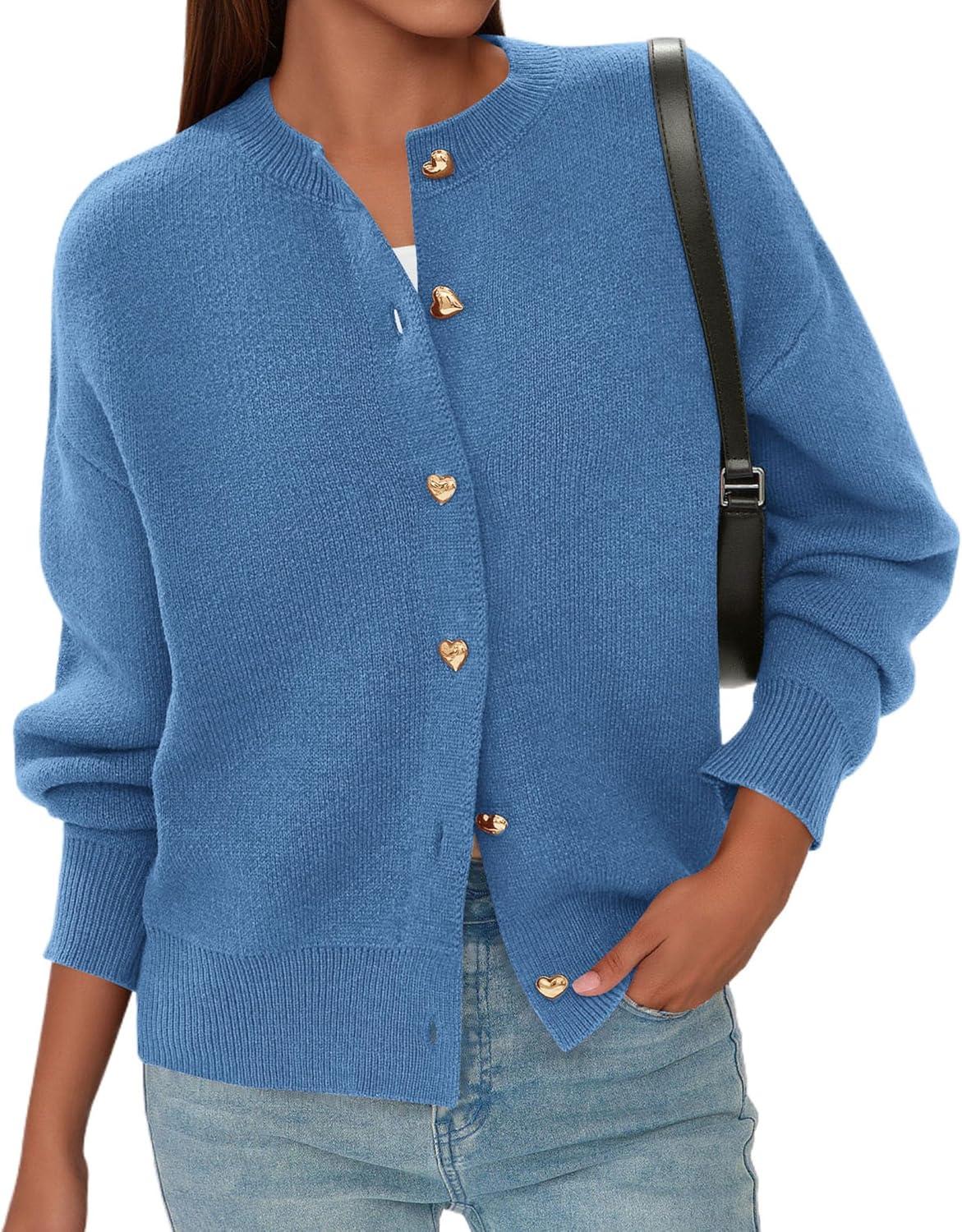 imagePRETTYGARDEN Cardigan for Women 2025 Fall Fashion Long Sleeve Trendy Button Down Work Office Sweaters Cute Winter JacketGrey Blue