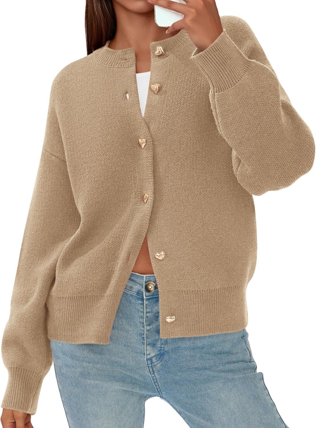 imagePRETTYGARDEN Cardigan for Women 2025 Fall Fashion Long Sleeve Trendy Button Down Work Office Sweaters Cute Winter JacketKhaki