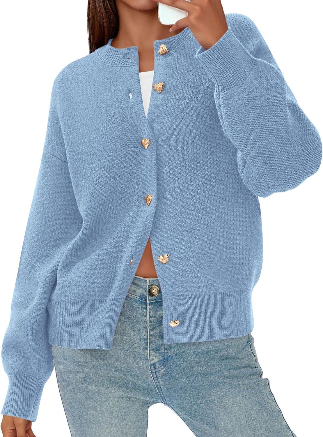 imagePRETTYGARDEN Cardigan for Women 2025 Fall Fashion Long Sleeve Trendy Button Down Work Office Sweaters Cute Winter JacketLight Blue