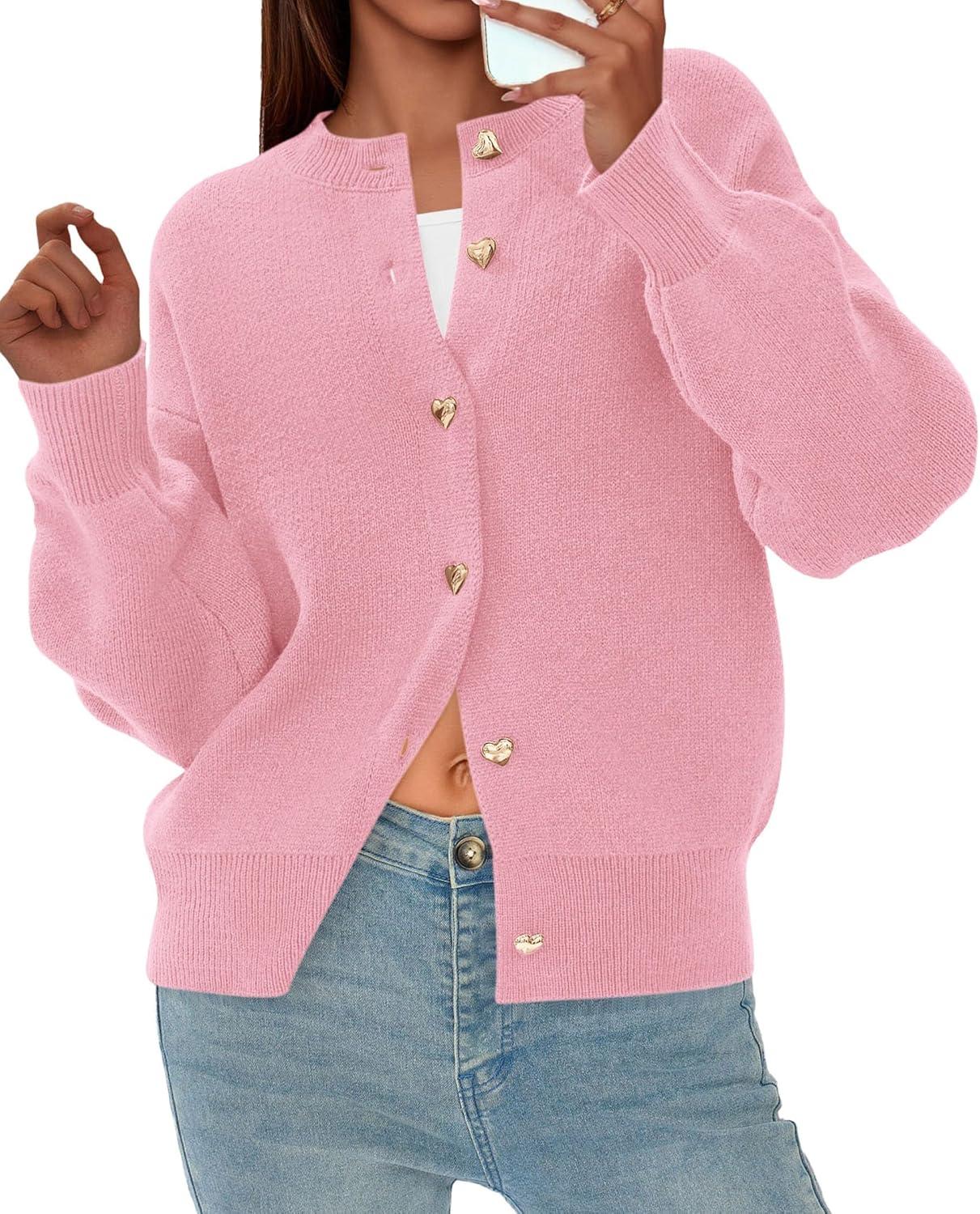 imagePRETTYGARDEN Cardigan for Women 2025 Fall Fashion Long Sleeve Trendy Button Down Work Office Sweaters Cute Winter JacketPink