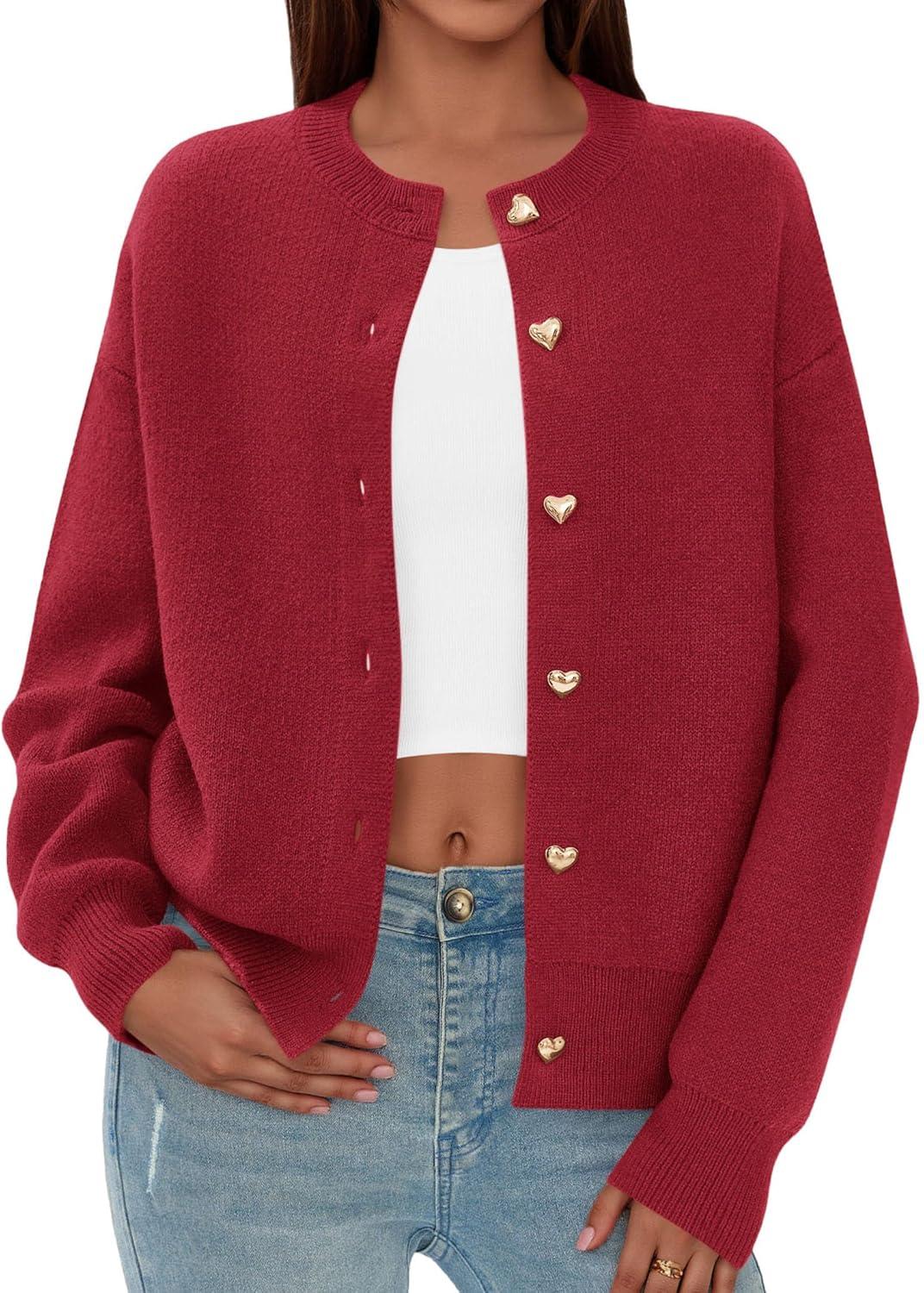 imagePRETTYGARDEN Cardigan for Women 2025 Fall Fashion Long Sleeve Trendy Button Down Work Office Sweaters Cute Winter JacketRed