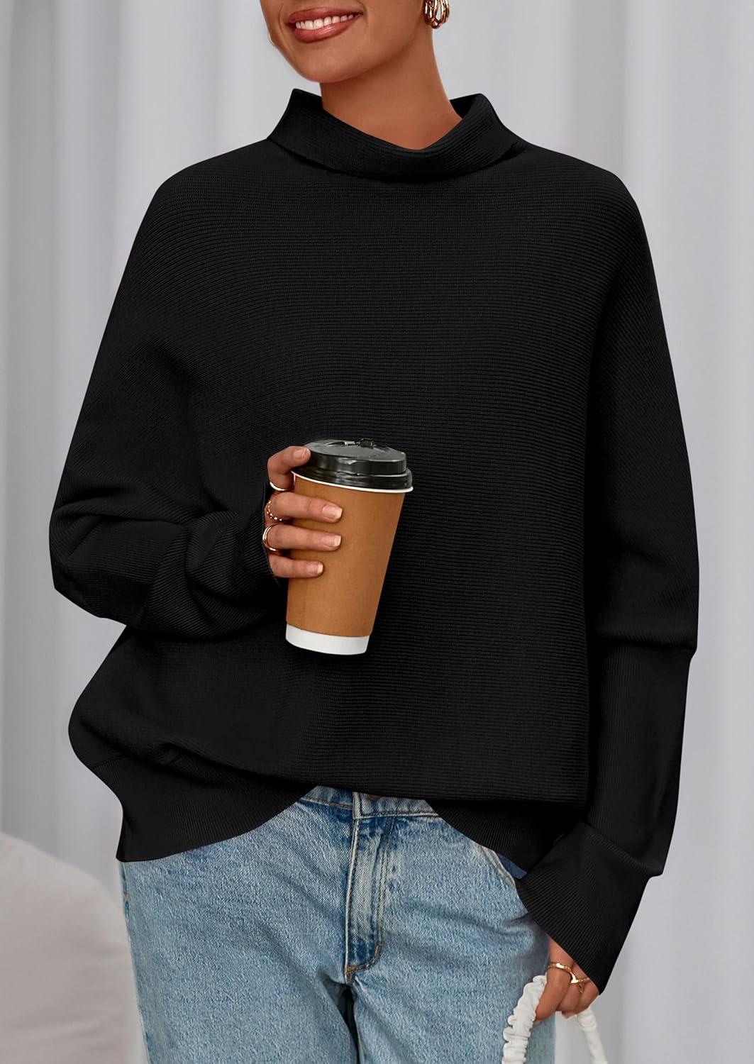 imagePRETTYGARDEN Fall Sweaters for Women 2026 Winter Clothing Batwing Sleeve Casual Loose Knit Turtleneck Sweater Holiday OutfitsBlack