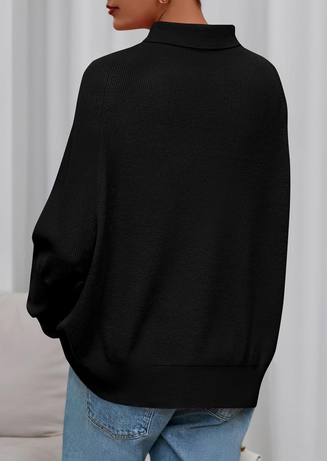 imagePRETTYGARDEN Fall Sweaters for Women 2026 Winter Clothing Batwing Sleeve Casual Loose Knit Turtleneck Sweater Holiday OutfitsBlack