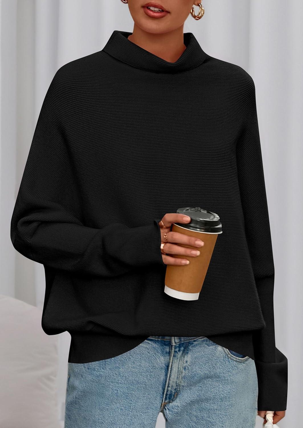 imagePRETTYGARDEN Fall Sweaters for Women 2026 Winter Clothing Batwing Sleeve Casual Loose Knit Turtleneck Sweater Holiday OutfitsBlack