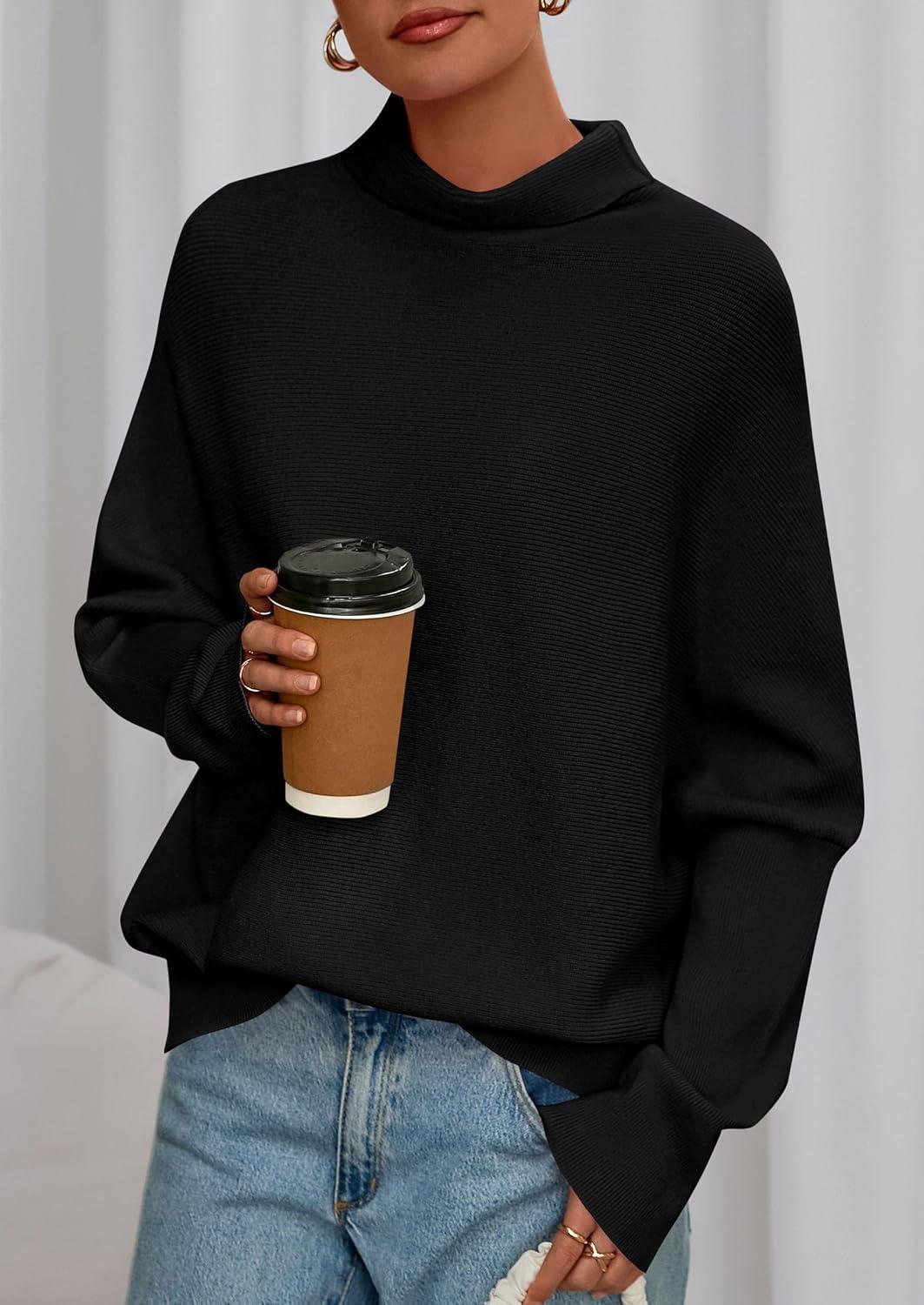 imagePRETTYGARDEN Fall Sweaters for Women 2026 Winter Clothing Batwing Sleeve Casual Loose Knit Turtleneck Sweater Holiday OutfitsBlack