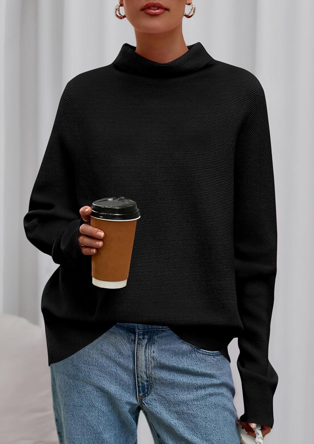 imagePRETTYGARDEN Fall Sweaters for Women 2026 Winter Clothing Batwing Sleeve Casual Loose Knit Turtleneck Sweater Holiday OutfitsBlack