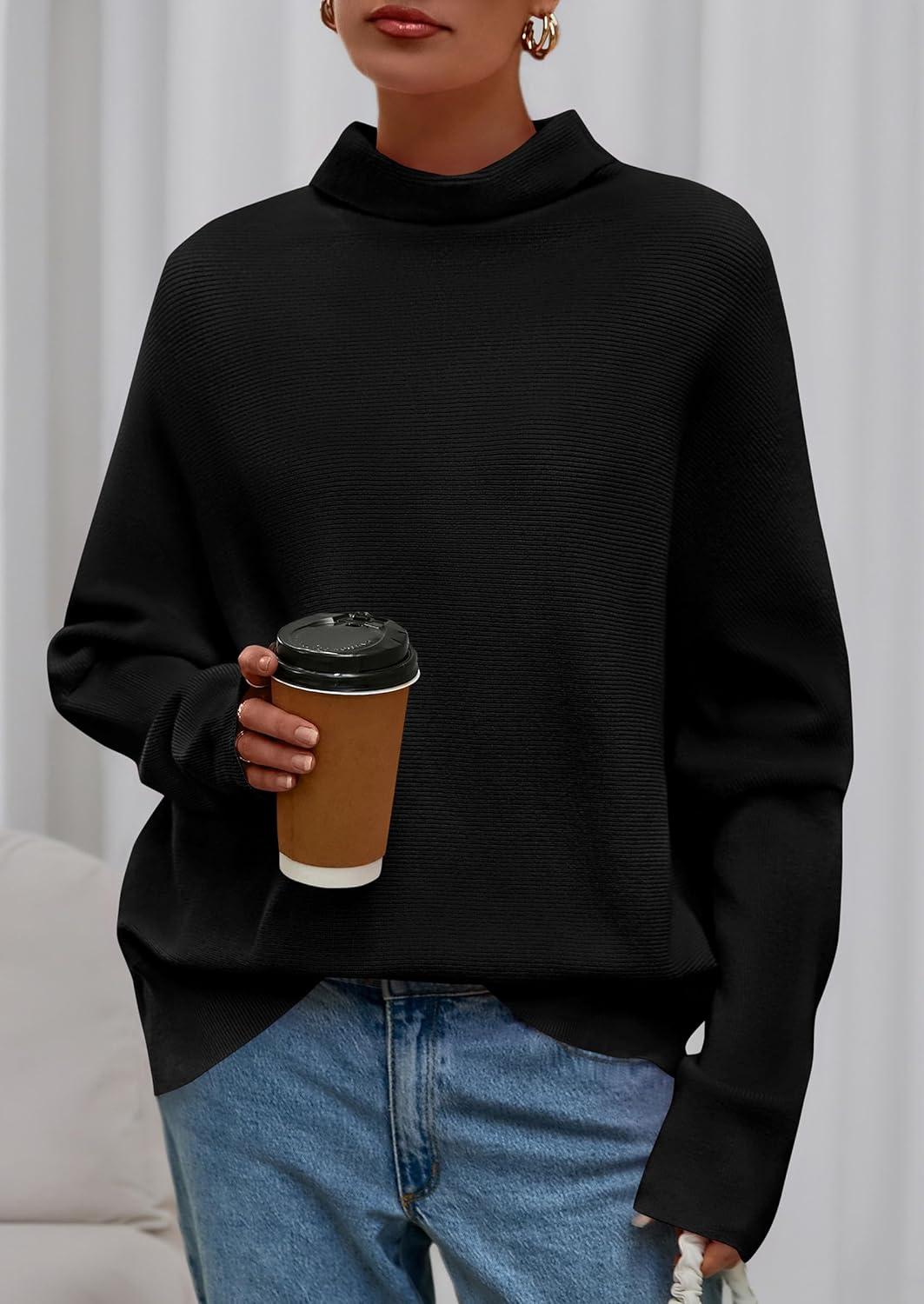 imagePRETTYGARDEN Fall Sweaters for Women 2026 Winter Clothing Batwing Sleeve Casual Loose Knit Turtleneck Sweater Holiday OutfitsBlack