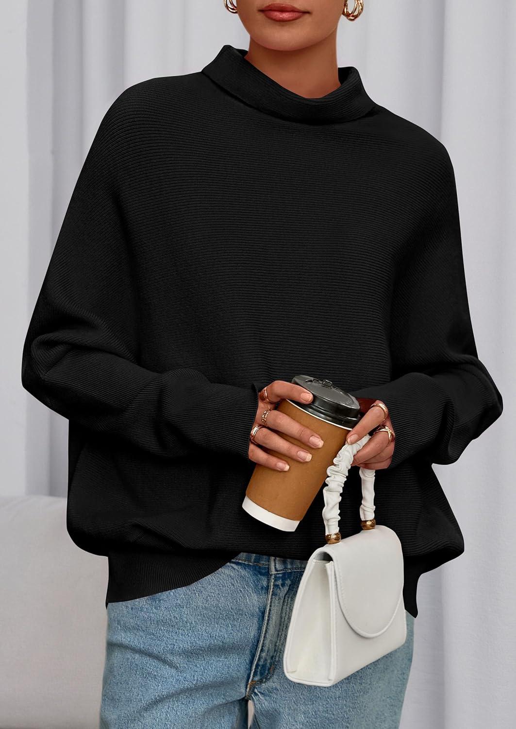 imagePRETTYGARDEN Fall Sweaters for Women 2026 Winter Clothing Batwing Sleeve Casual Loose Knit Turtleneck Sweater Holiday OutfitsBlack