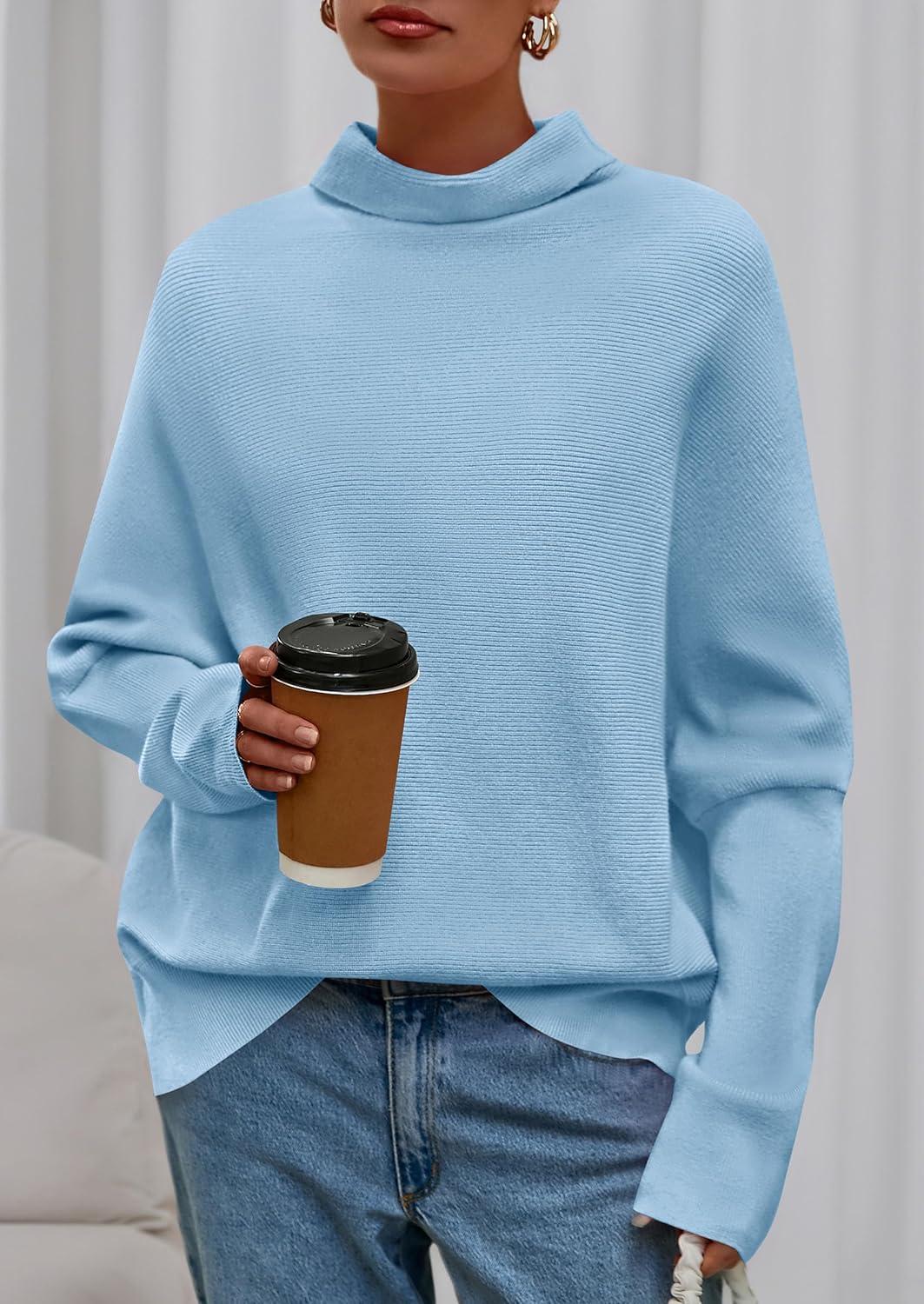 imagePRETTYGARDEN Fall Sweaters for Women 2026 Winter Clothing Batwing Sleeve Casual Loose Knit Turtleneck Sweater Holiday OutfitsBlue