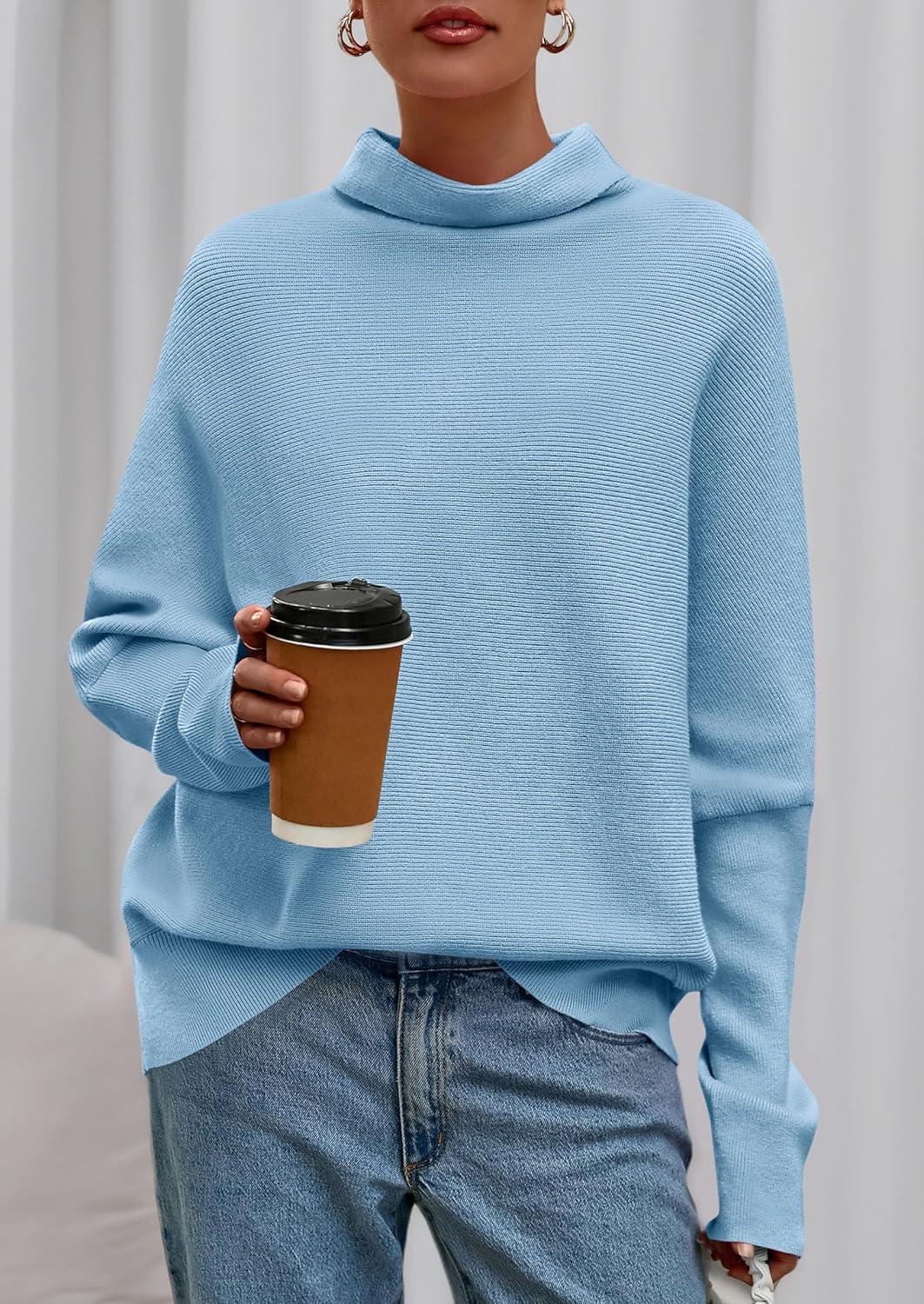 imagePRETTYGARDEN Fall Sweaters for Women 2026 Winter Clothing Batwing Sleeve Casual Loose Knit Turtleneck Sweater Holiday OutfitsBlue