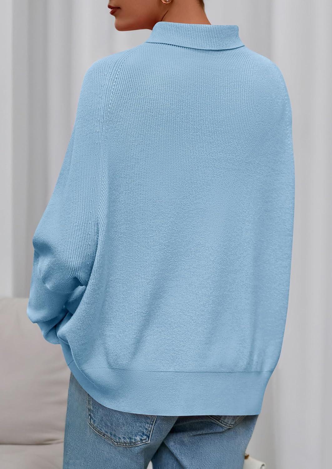 imagePRETTYGARDEN Fall Sweaters for Women 2026 Winter Clothing Batwing Sleeve Casual Loose Knit Turtleneck Sweater Holiday OutfitsBlue