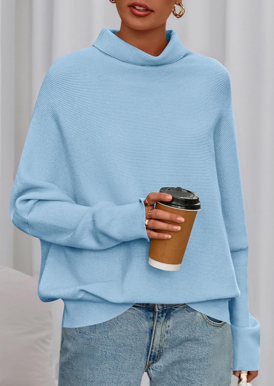 imagePRETTYGARDEN Fall Sweaters for Women 2026 Winter Clothing Batwing Sleeve Casual Loose Knit Turtleneck Sweater Holiday OutfitsBlue