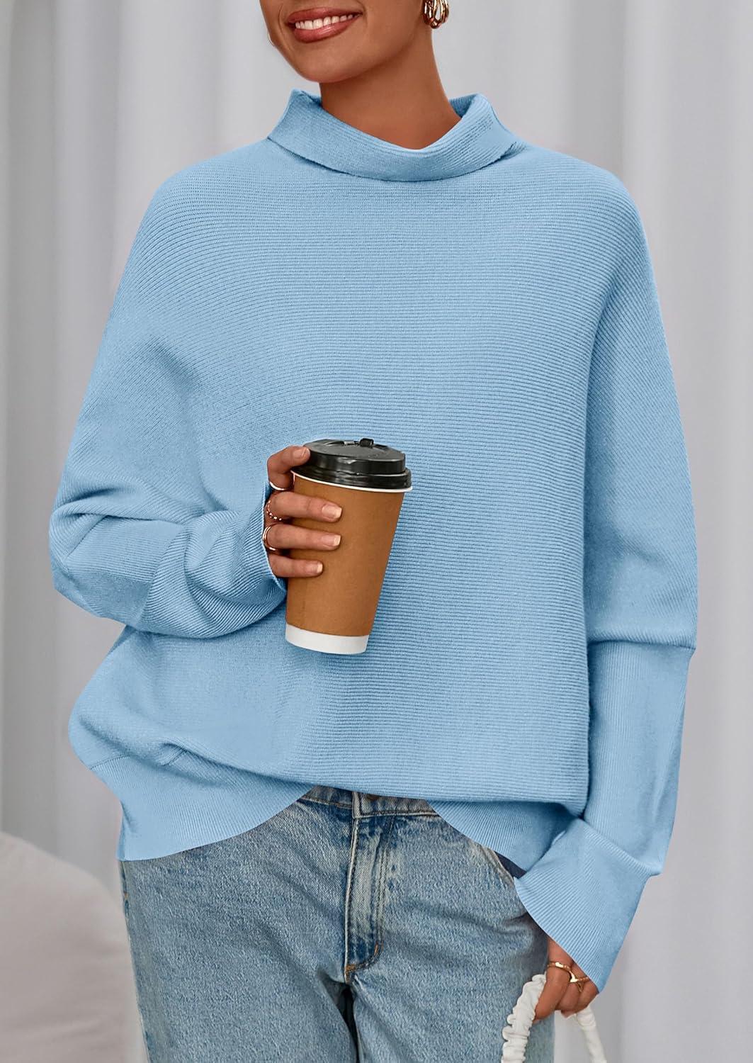 imagePRETTYGARDEN Fall Sweaters for Women 2026 Winter Clothing Batwing Sleeve Casual Loose Knit Turtleneck Sweater Holiday OutfitsBlue