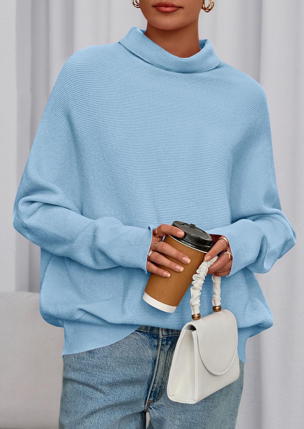 imagePRETTYGARDEN Fall Sweaters for Women 2026 Winter Clothing Batwing Sleeve Casual Loose Knit Turtleneck Sweater Holiday OutfitsBlue