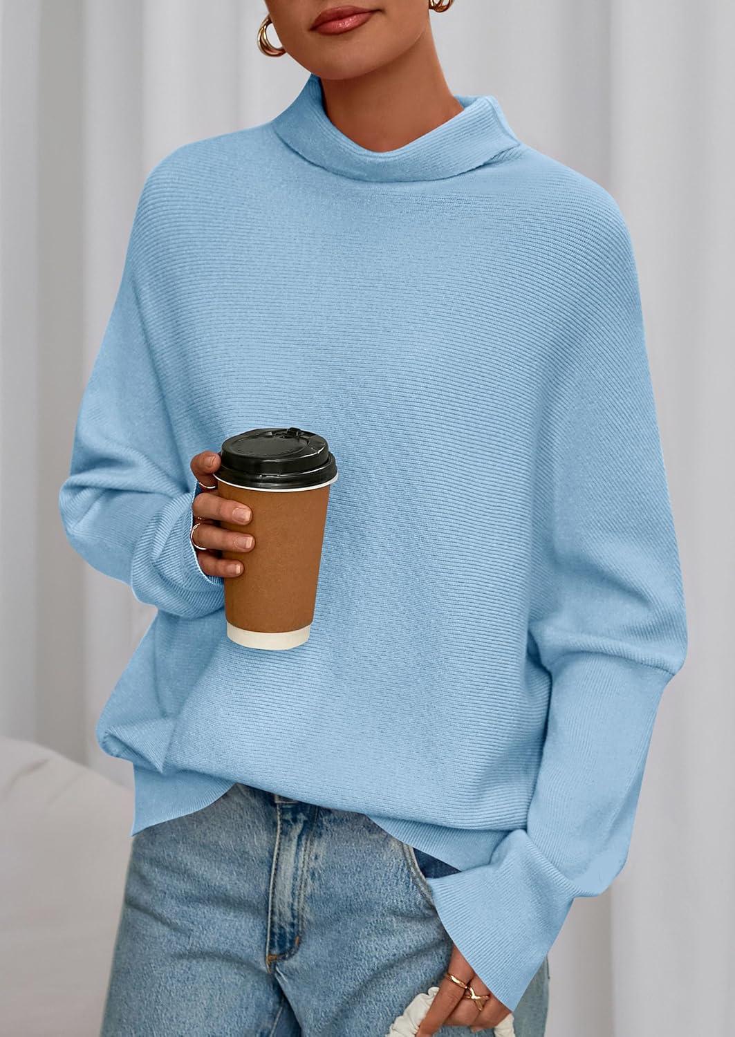 imagePRETTYGARDEN Fall Sweaters for Women 2026 Winter Clothing Batwing Sleeve Casual Loose Knit Turtleneck Sweater Holiday OutfitsBlue