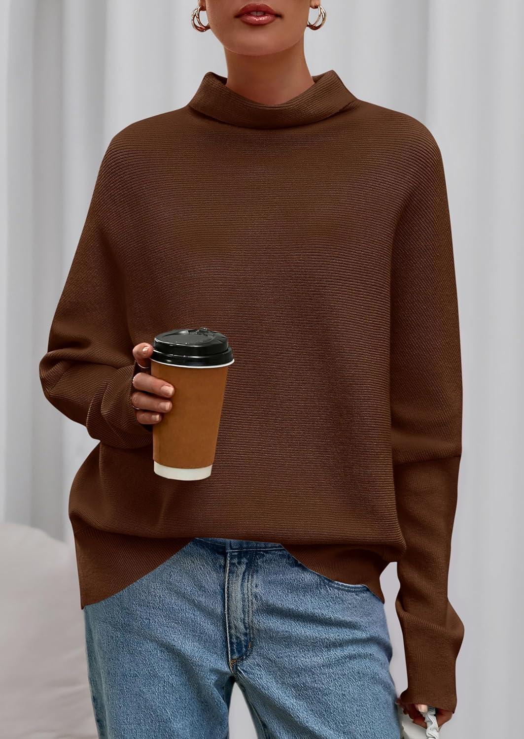imagePRETTYGARDEN Fall Sweaters for Women 2026 Winter Clothing Batwing Sleeve Casual Loose Knit Turtleneck Sweater Holiday OutfitsBrown