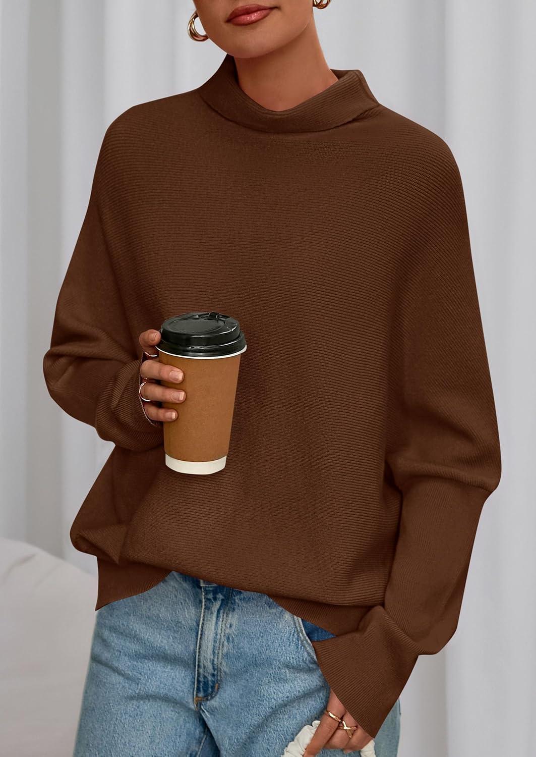 imagePRETTYGARDEN Fall Sweaters for Women 2026 Winter Clothing Batwing Sleeve Casual Loose Knit Turtleneck Sweater Holiday OutfitsBrown