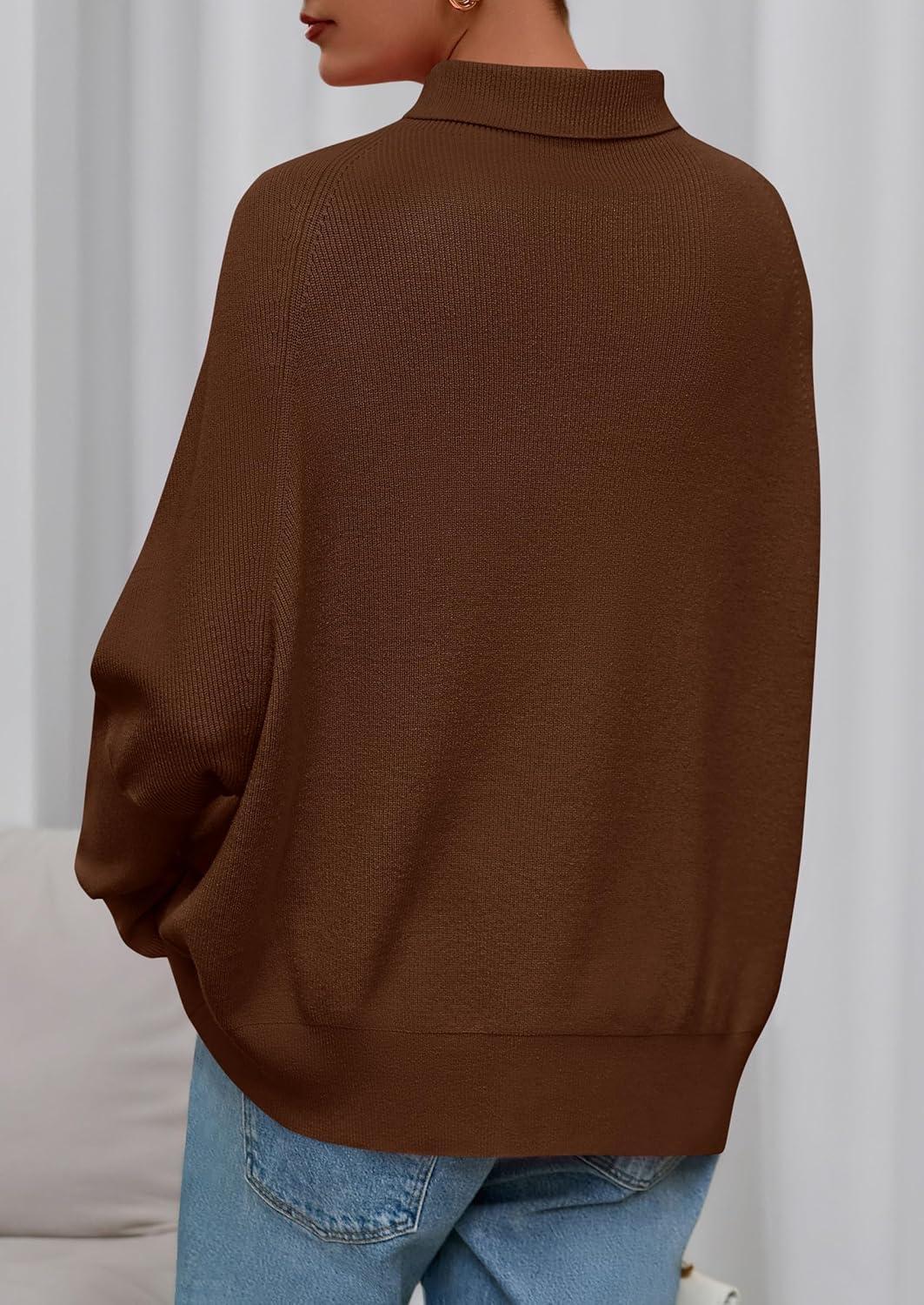 imagePRETTYGARDEN Fall Sweaters for Women 2026 Winter Clothing Batwing Sleeve Casual Loose Knit Turtleneck Sweater Holiday OutfitsBrown