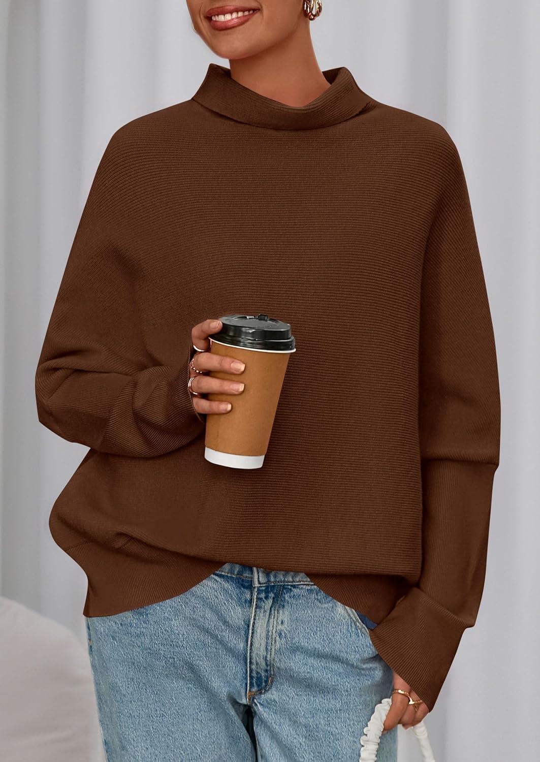 imagePRETTYGARDEN Fall Sweaters for Women 2026 Winter Clothing Batwing Sleeve Casual Loose Knit Turtleneck Sweater Holiday OutfitsBrown