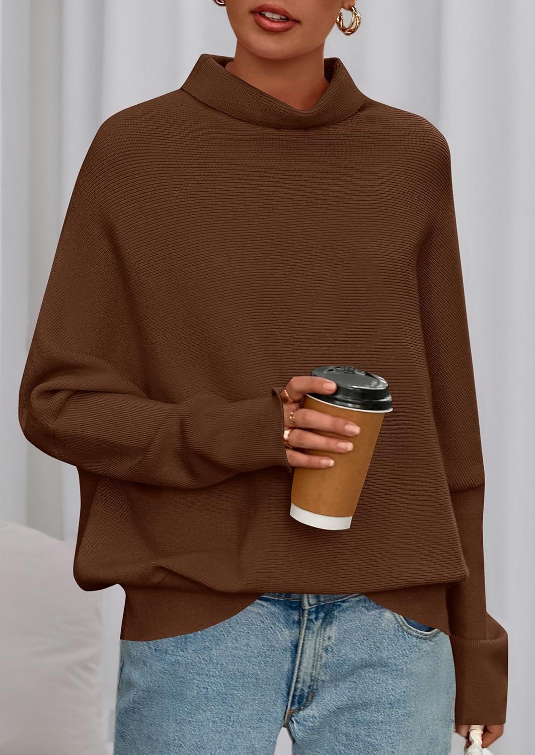imagePRETTYGARDEN Fall Sweaters for Women 2026 Winter Clothing Batwing Sleeve Casual Loose Knit Turtleneck Sweater Holiday OutfitsBrown