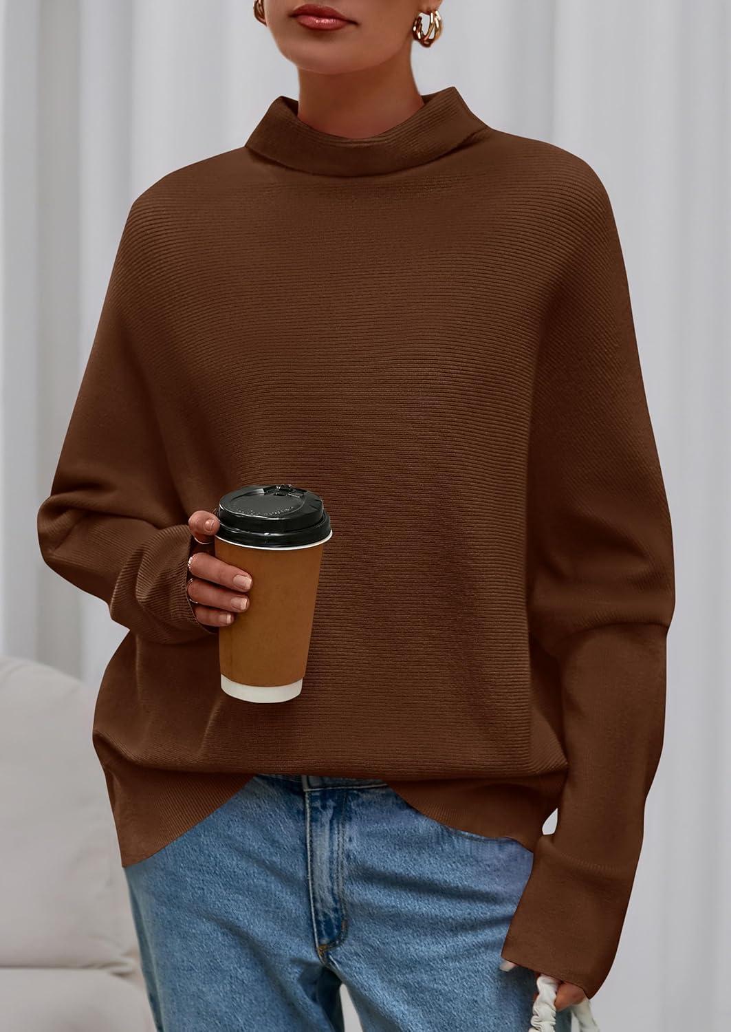 imagePRETTYGARDEN Fall Sweaters for Women 2026 Winter Clothing Batwing Sleeve Casual Loose Knit Turtleneck Sweater Holiday OutfitsBrown