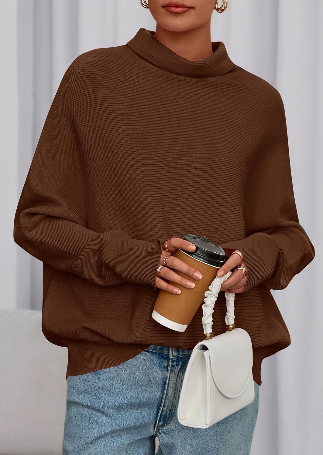 imagePRETTYGARDEN Fall Sweaters for Women 2026 Winter Clothing Batwing Sleeve Casual Loose Knit Turtleneck Sweater Holiday OutfitsBrown