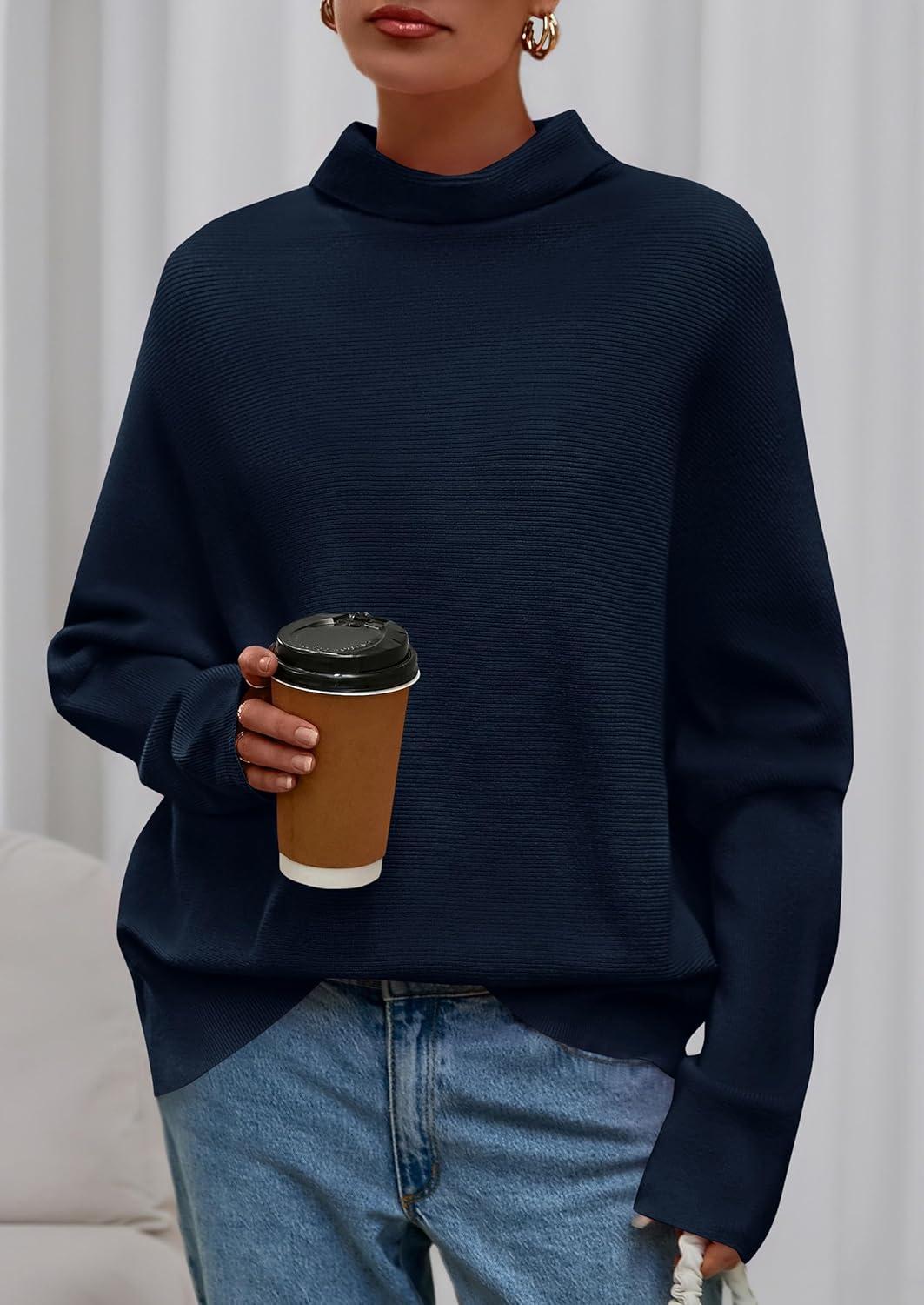 imagePRETTYGARDEN Fall Sweaters for Women 2026 Winter Clothing Batwing Sleeve Casual Loose Knit Turtleneck Sweater Holiday OutfitsNavy
