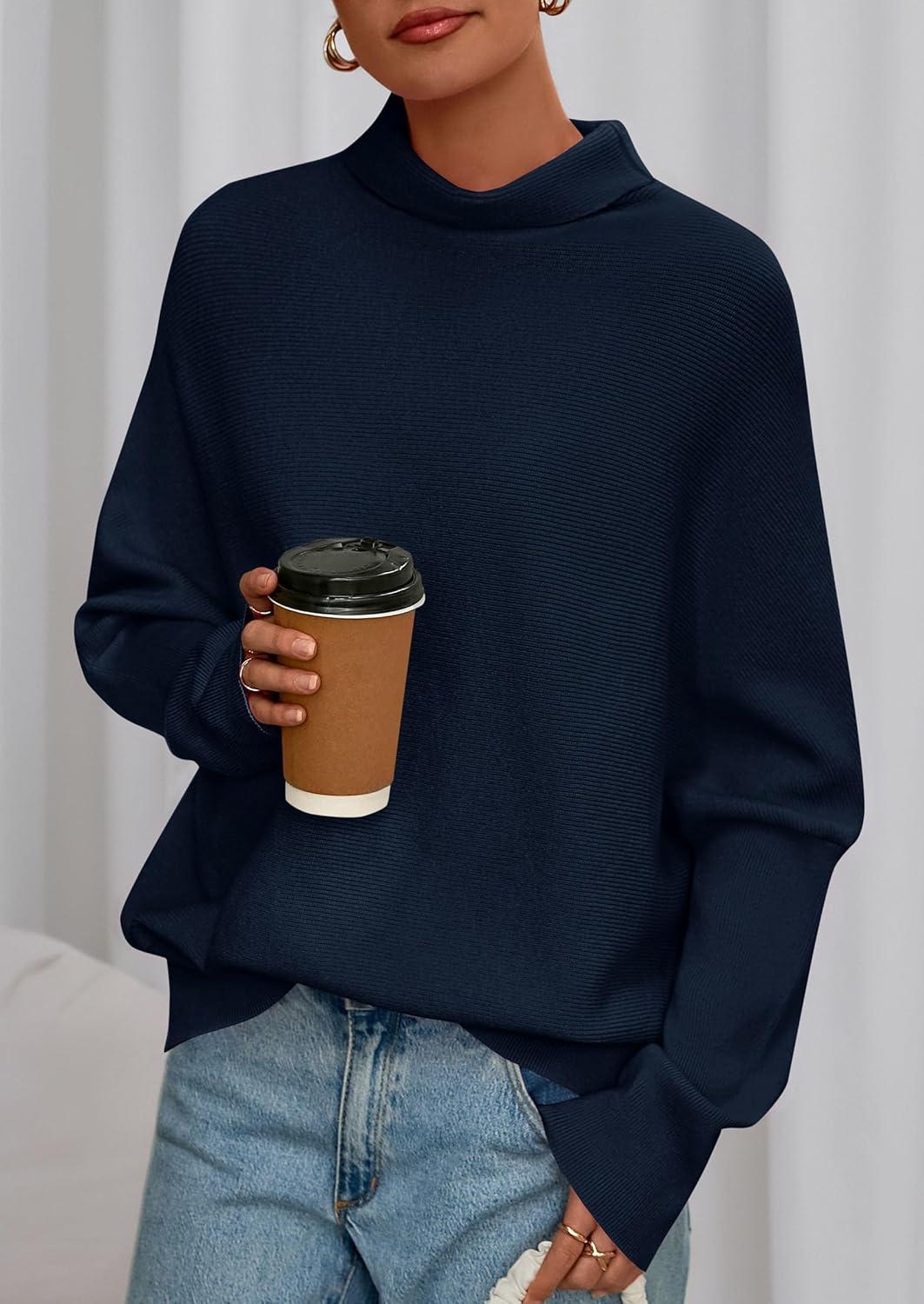 imagePRETTYGARDEN Fall Sweaters for Women 2026 Winter Clothing Batwing Sleeve Casual Loose Knit Turtleneck Sweater Holiday OutfitsNavy